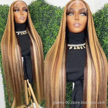 Highlight 1B Honey Brown Color Straight Human Hair Lace Front Wig Virgin Brazilian Hair Highlight Wig Transparent HD Frontal Wig